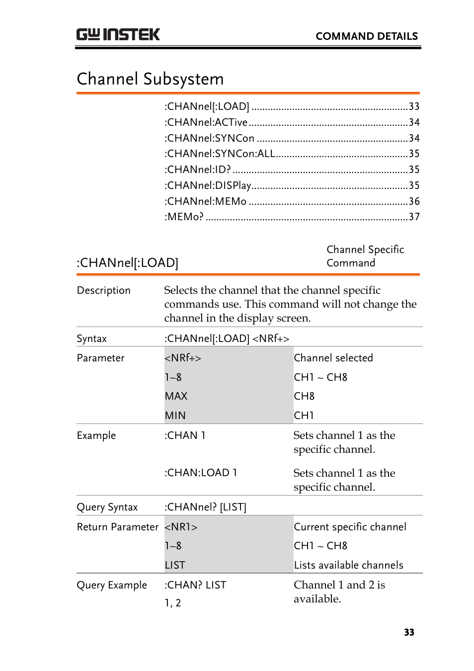 Channel subsystem, Channel[:load | GW Instek PEL-2000 Series Programming User Manual User Manual | Page 33 / 170