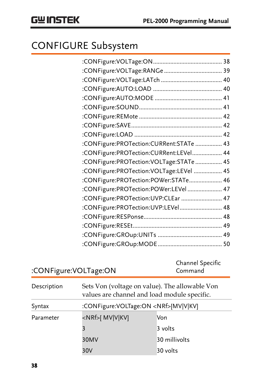 Configure subsystem, Configure:voltage:on | GW Instek PEL-2000 Series Programming User Manual User Manual | Page 38 / 170