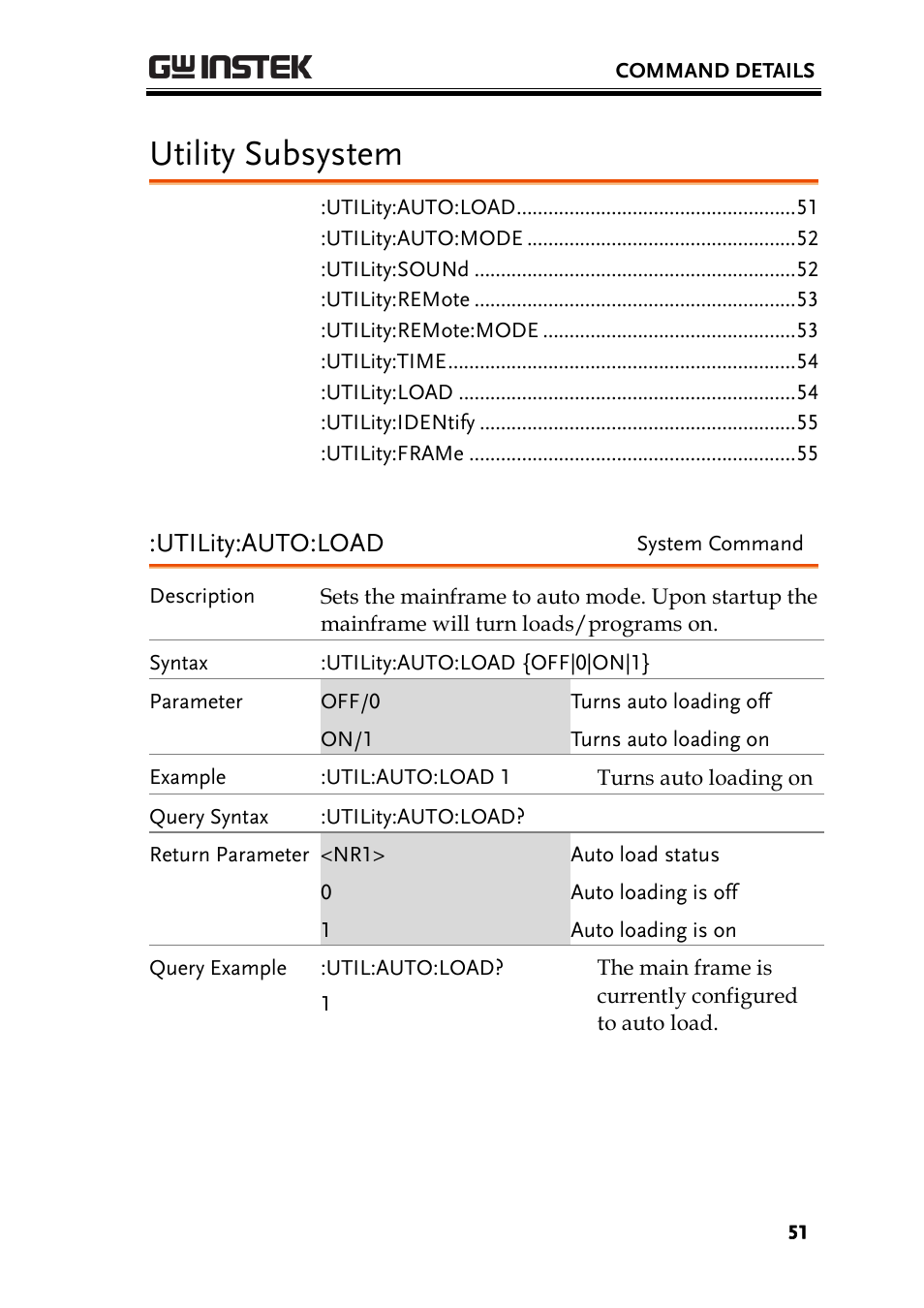 Utility subsystem, Utility:auto:load | GW Instek PEL-2000 Series Programming User Manual User Manual | Page 51 / 170