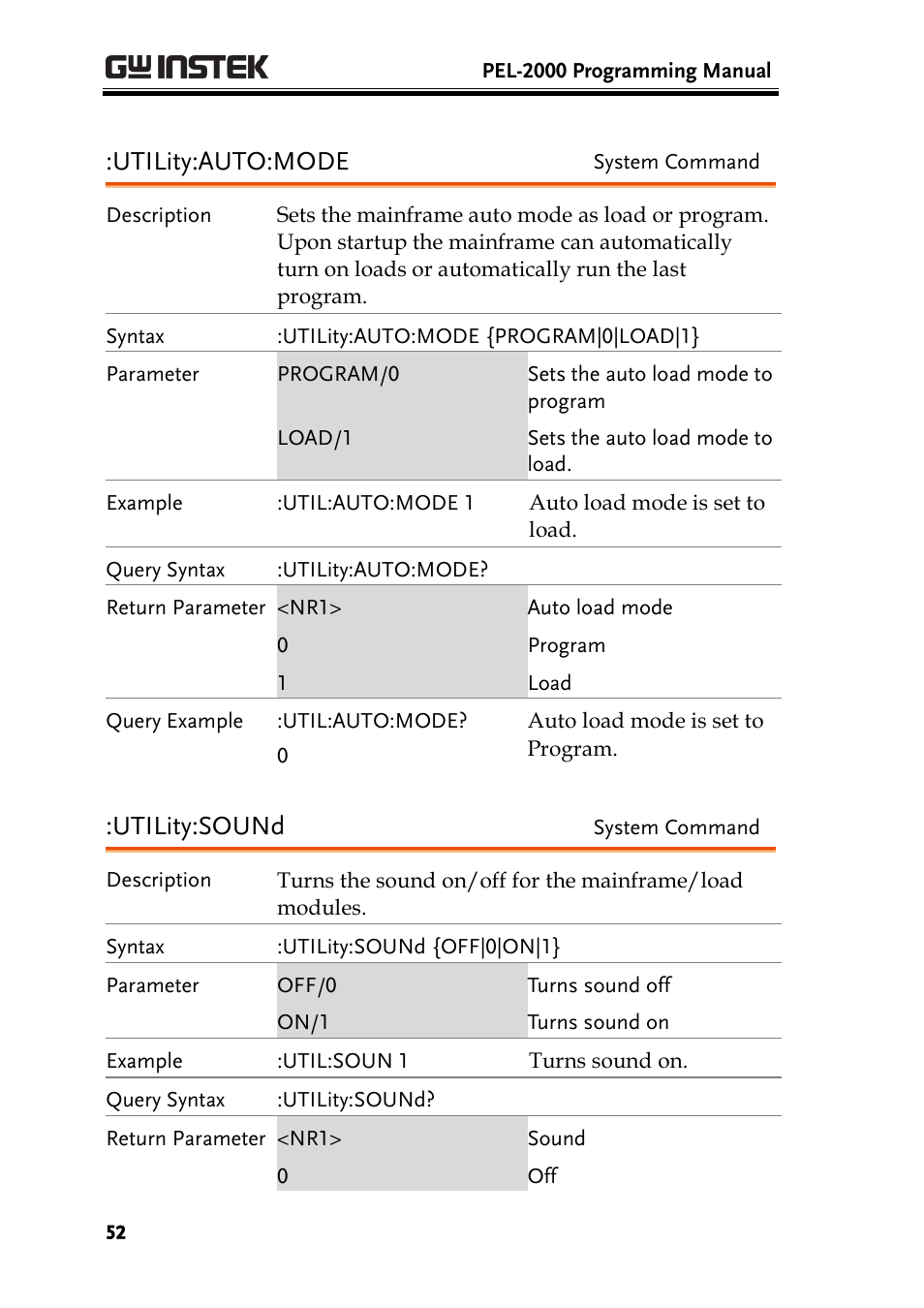 Utility:auto:mode, Utility:sound | GW Instek PEL-2000 Series Programming User Manual User Manual | Page 52 / 170