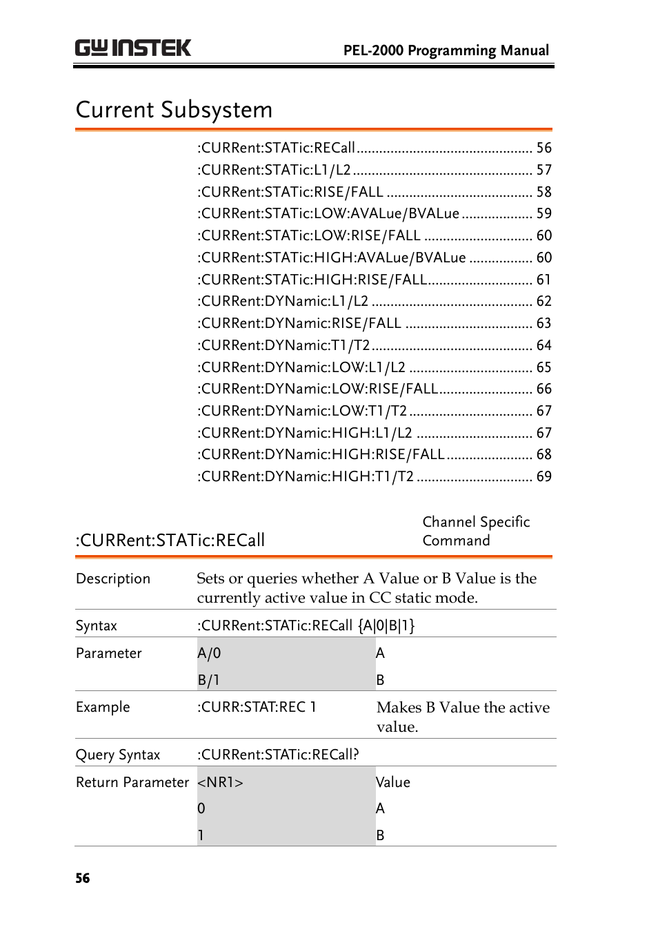 Current subsystem, Current:static:recall | GW Instek PEL-2000 Series Programming User Manual User Manual | Page 56 / 170