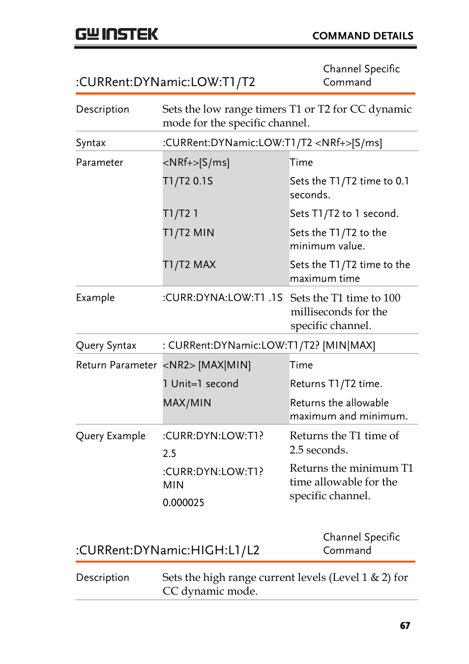 Current:dynamic:low:t1/t2, Current:dynamic:high:l1/l2 | GW Instek PEL-2000 Series Programming User Manual User Manual | Page 67 / 170