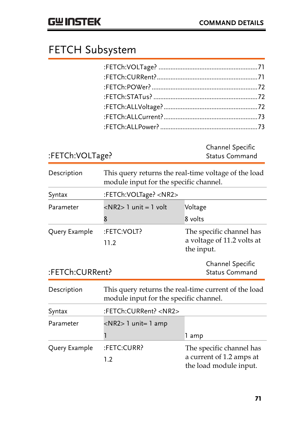 Fetch subsystem, Fetch:voltage, Fetch:current | GW Instek PEL-2000 Series Programming User Manual User Manual | Page 71 / 170