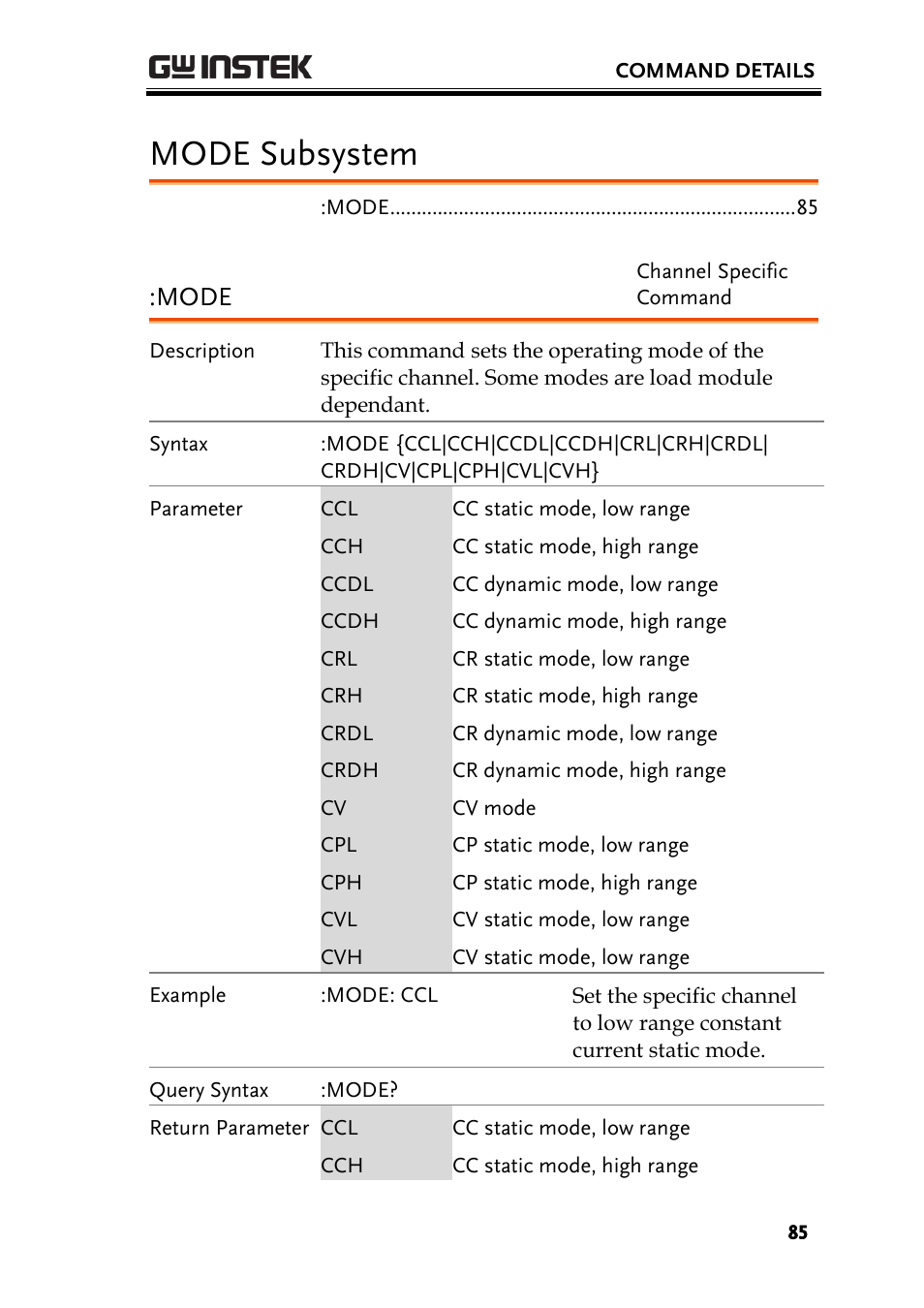 Mode subsystem, Mode | GW Instek PEL-2000 Series Programming User Manual User Manual | Page 85 / 170
