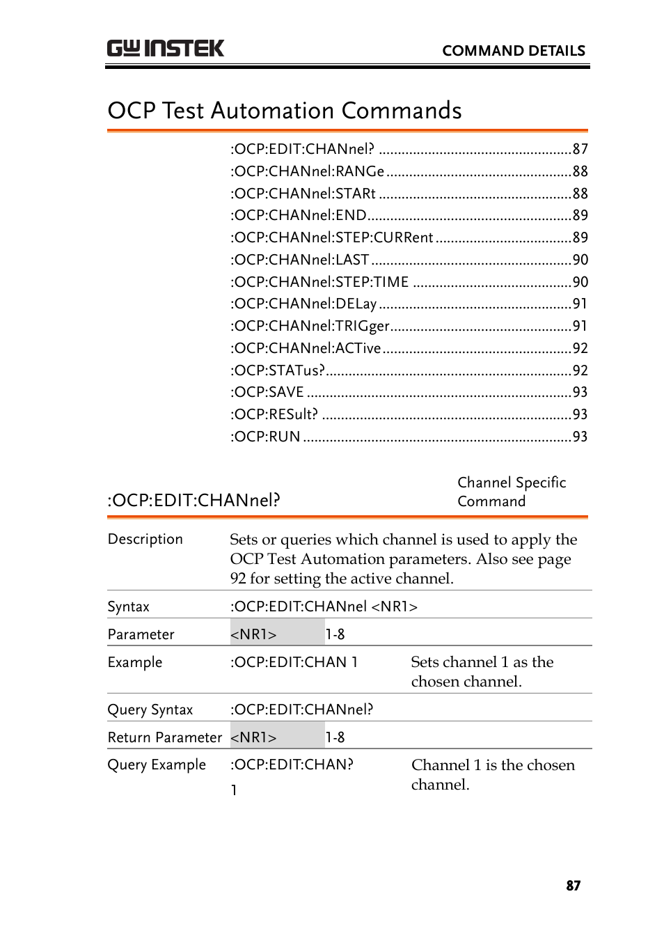 Ocp test automation commands, Ocp:edit:channel | GW Instek PEL-2000 Series Programming User Manual User Manual | Page 87 / 170