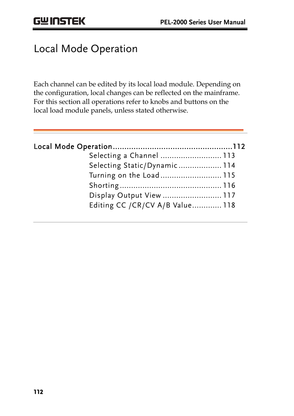 Local mode operation | GW Instek PEL-2000 Series User Manual User Manual | Page 112 / 268