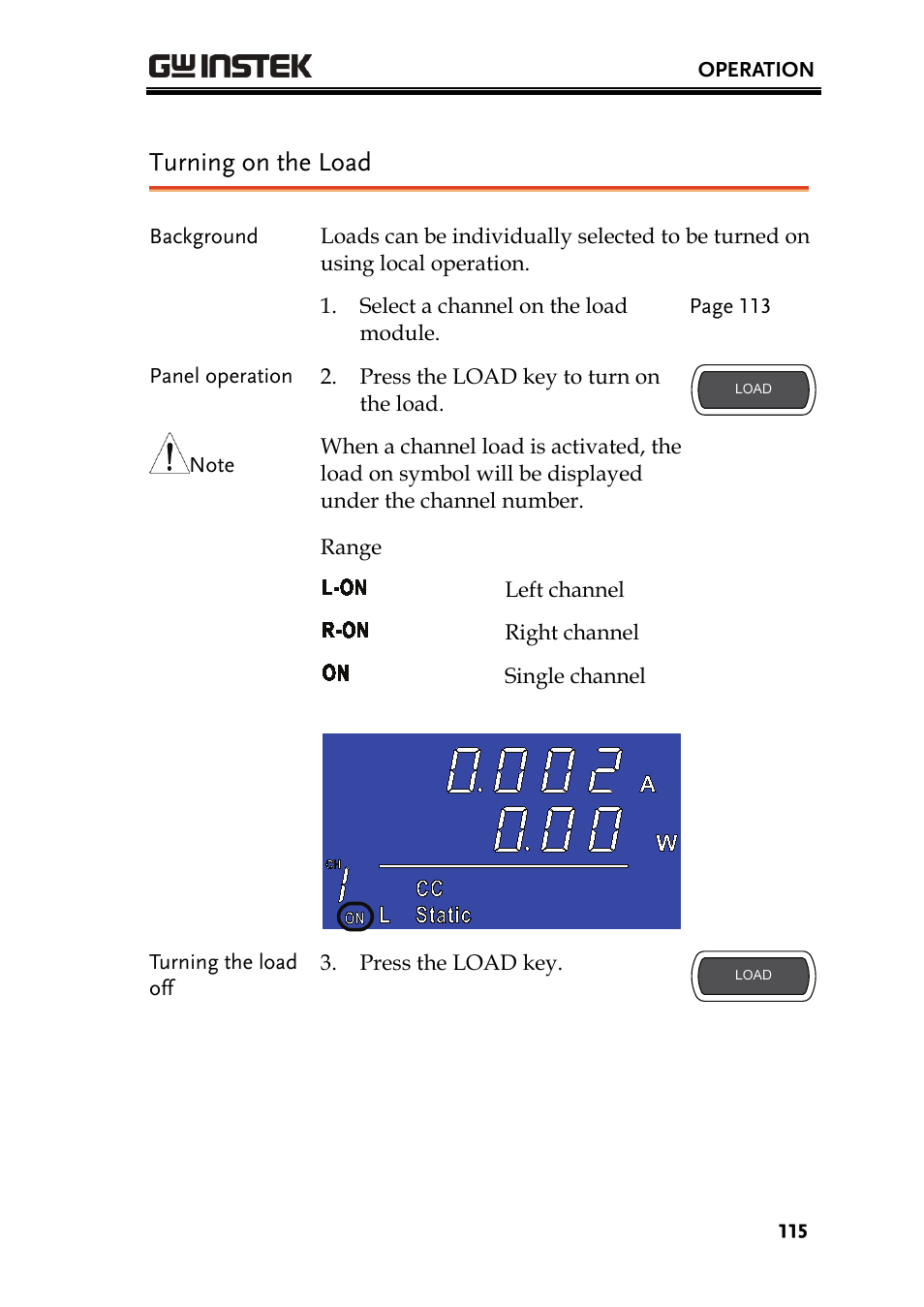 Turning on the load | GW Instek PEL-2000 Series User Manual User Manual | Page 115 / 268