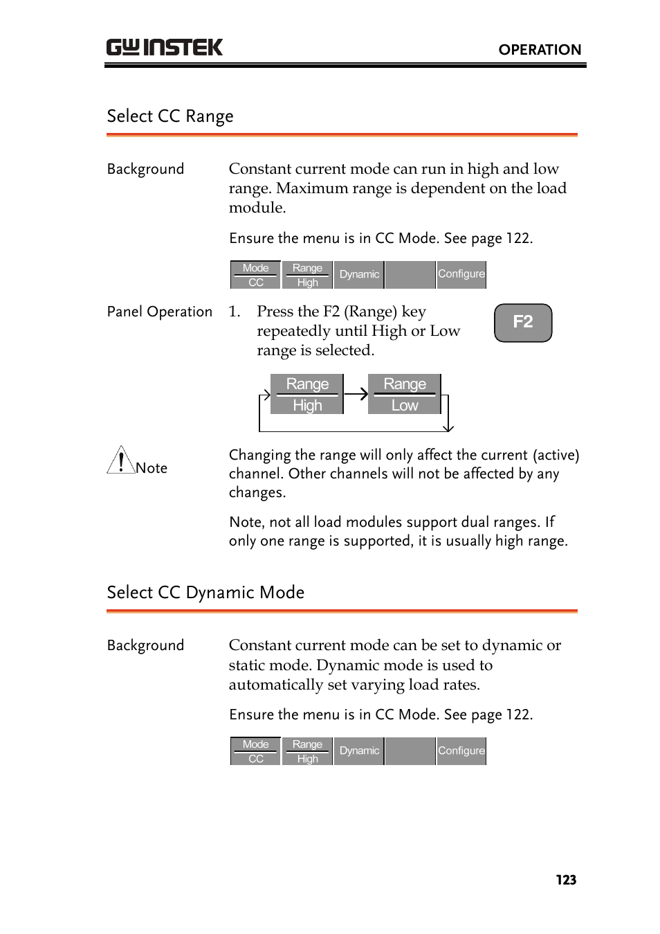 Select cc range, Select cc dynamic mode | GW Instek PEL-2000 Series User Manual User Manual | Page 123 / 268