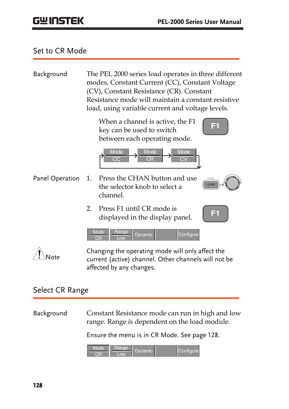 Set to cr mode, Select cr range | GW Instek PEL-2000 Series User Manual User Manual | Page 128 / 268