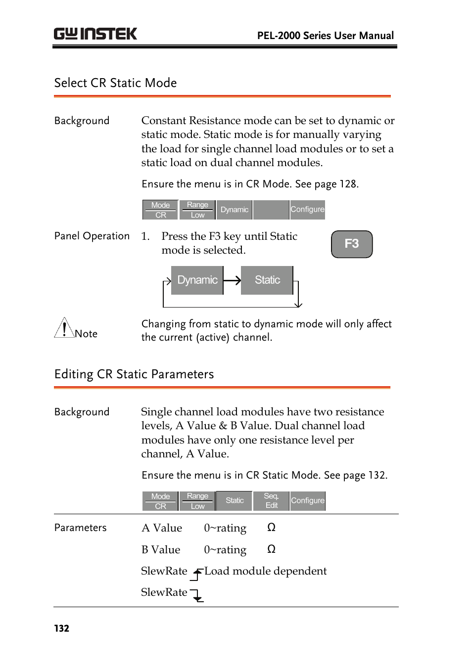 Select cr static mode, Editing cr static parameters | GW Instek PEL-2000 Series User Manual User Manual | Page 132 / 268