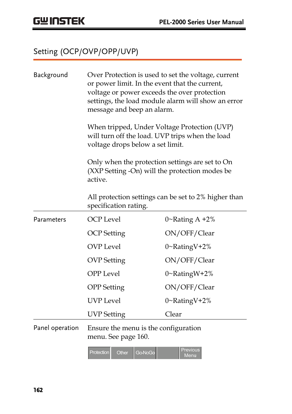 Setting (ocp/ovp/opp/uvp) | GW Instek PEL-2000 Series User Manual User Manual | Page 162 / 268