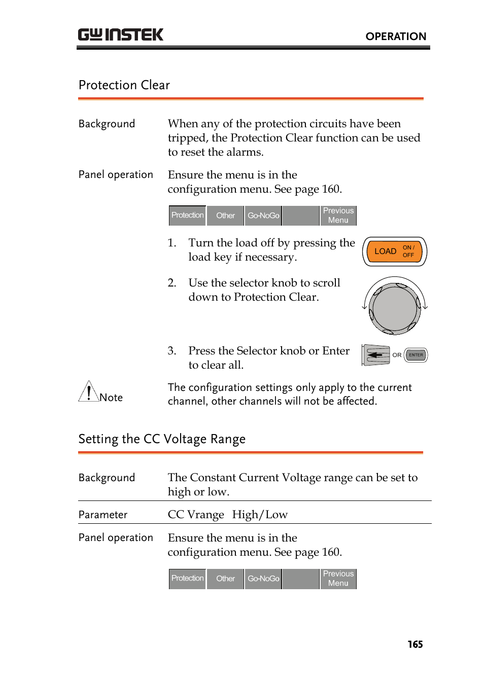 Protection clear, Setting the cc voltage range | GW Instek PEL-2000 Series User Manual User Manual | Page 165 / 268