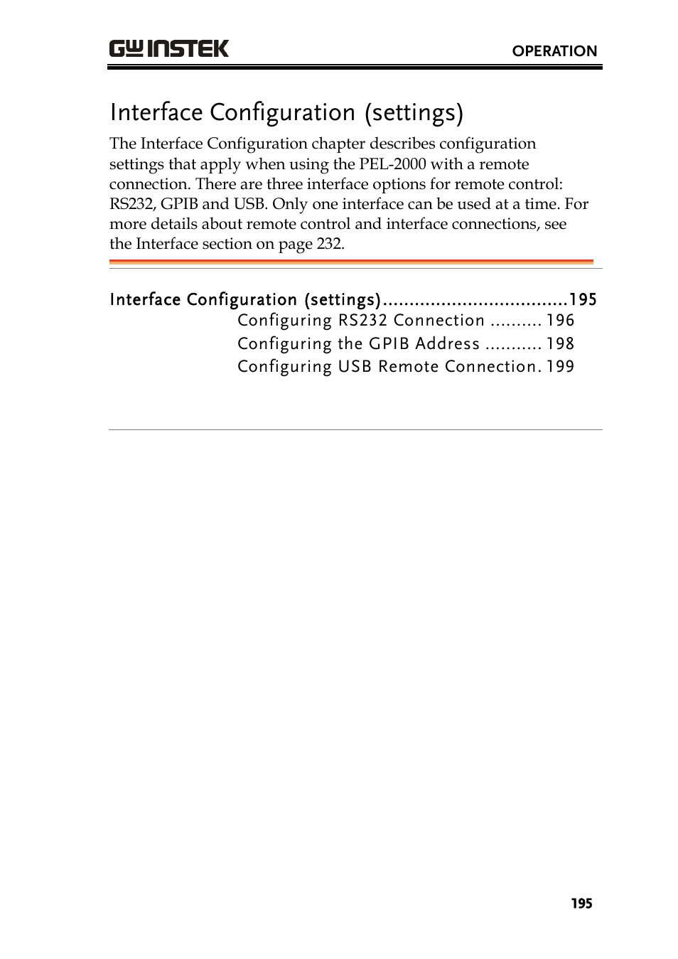 Interface configuration (settings) | GW Instek PEL-2000 Series User Manual User Manual | Page 195 / 268