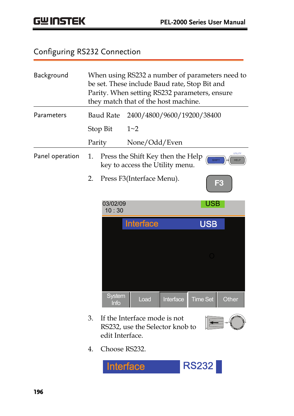 Configuring rs232 connection | GW Instek PEL-2000 Series User Manual User Manual | Page 196 / 268