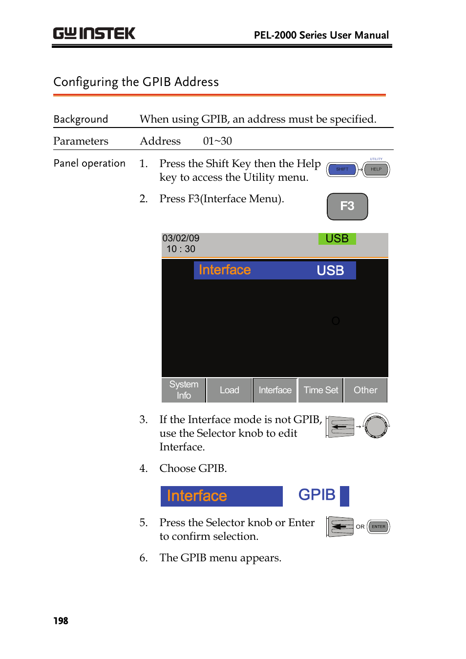 Configuring the gpib address | GW Instek PEL-2000 Series User Manual User Manual | Page 198 / 268