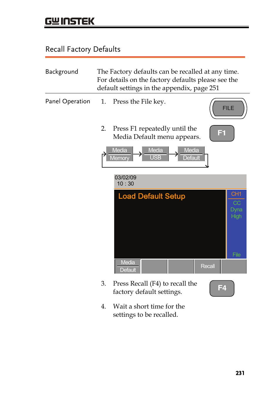 Recall factory defaults | GW Instek PEL-2000 Series User Manual User Manual | Page 231 / 268