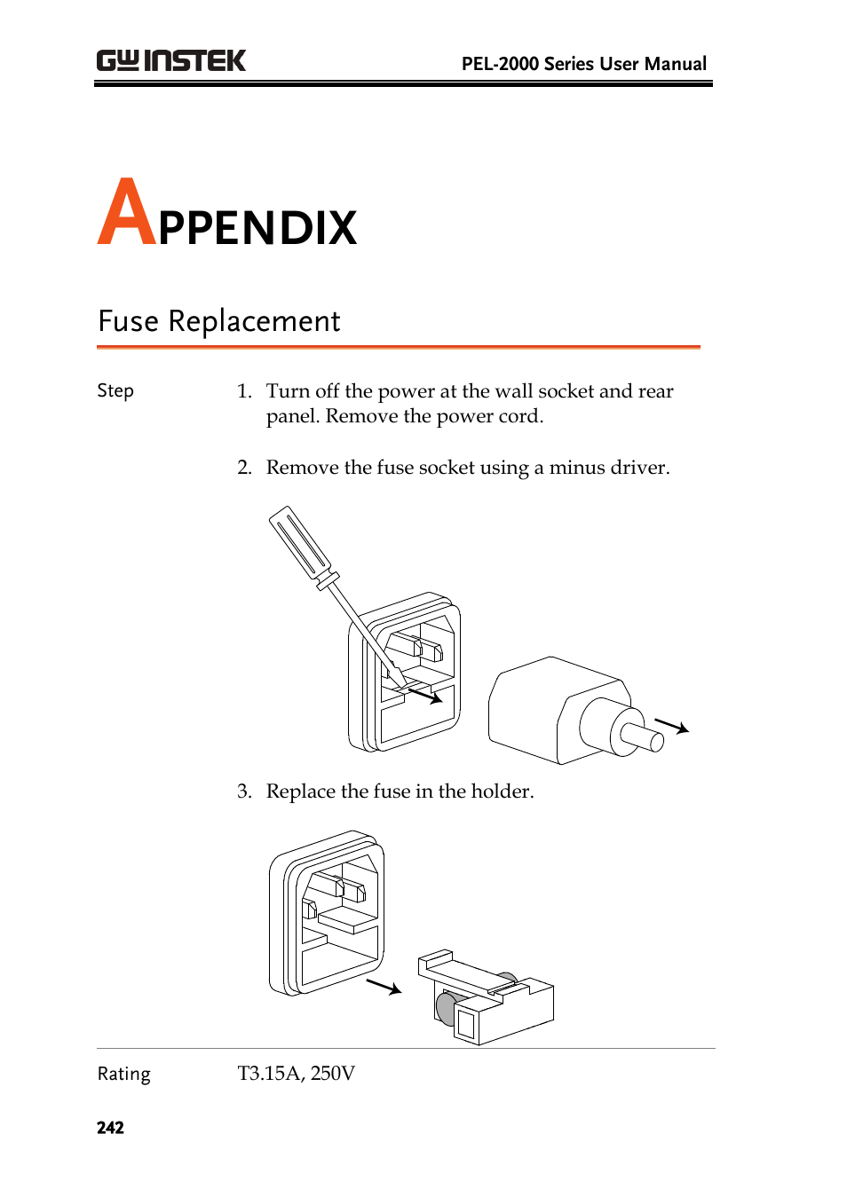Ppendix, Fuse replacement | GW Instek PEL-2000 Series User Manual User Manual | Page 242 / 268