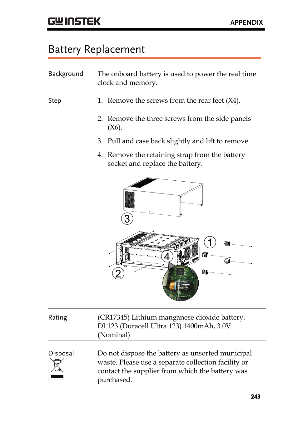 Battery replacement | GW Instek PEL-2000 Series User Manual User Manual | Page 243 / 268