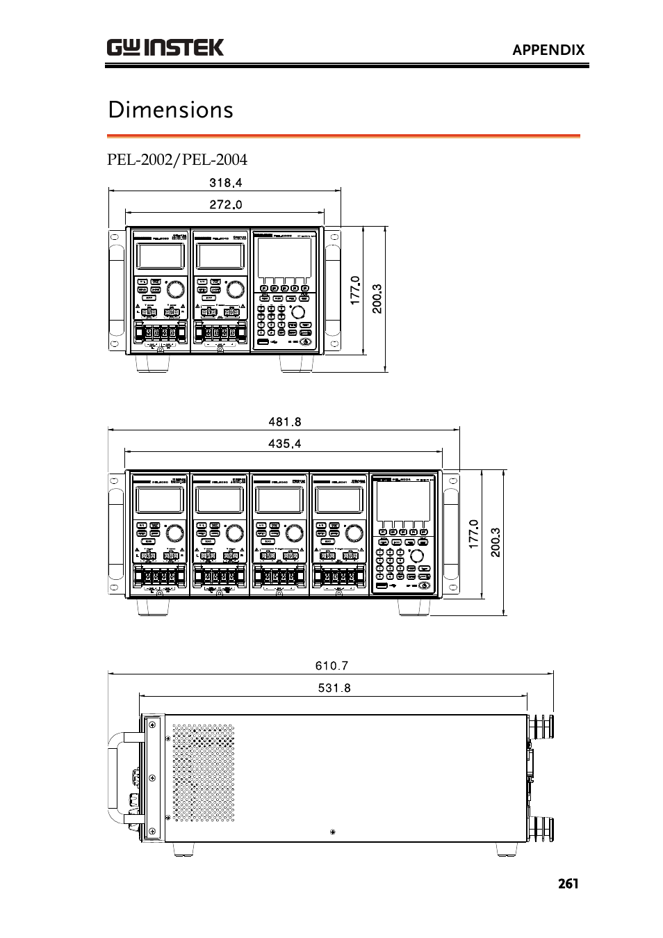 Dimensions | GW Instek PEL-2000 Series User Manual User Manual | Page 261 / 268