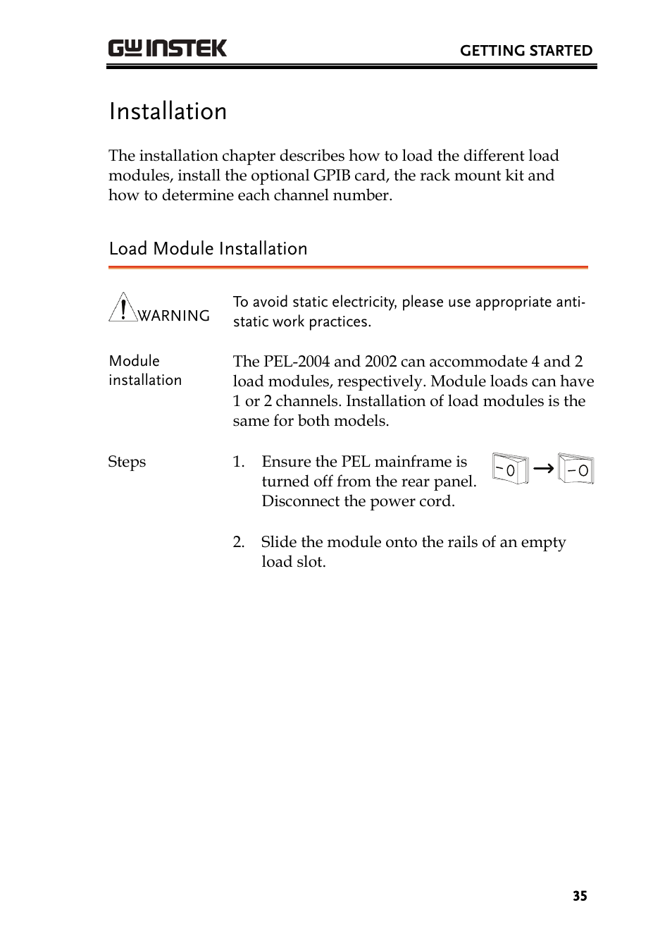 Installation, Load module installation | GW Instek PEL-2000 Series User Manual User Manual | Page 35 / 268