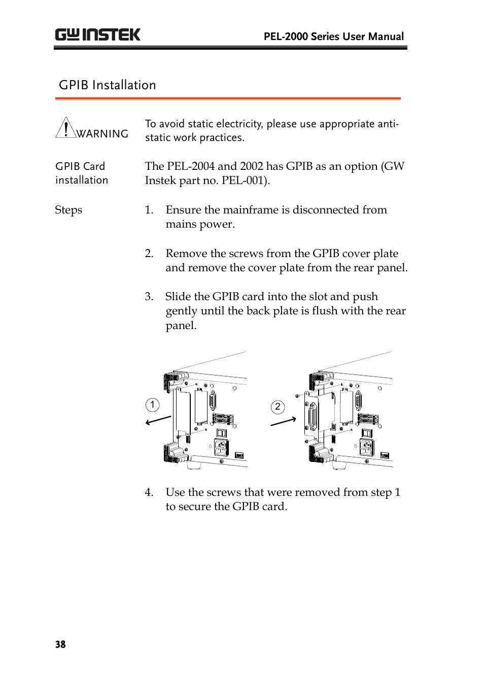 Gpib installation | GW Instek PEL-2000 Series User Manual User Manual | Page 38 / 268