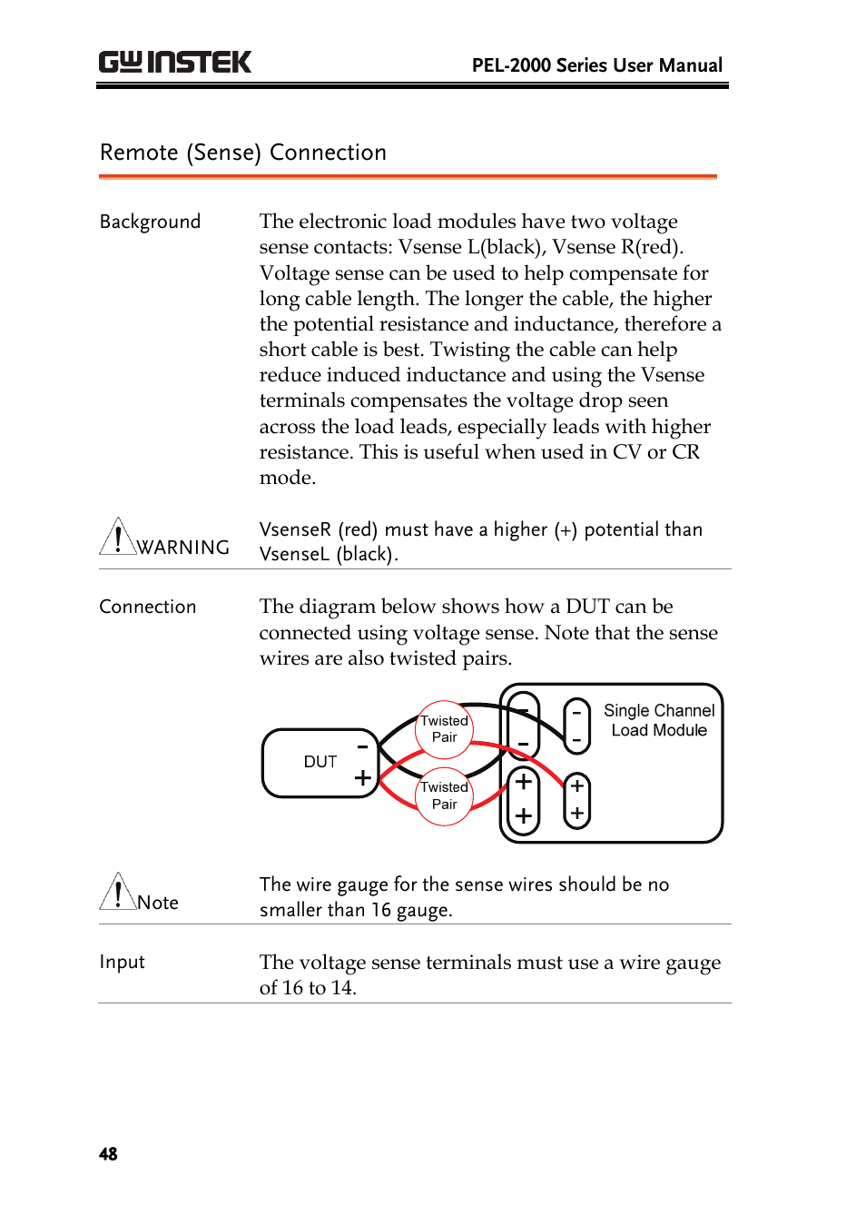 Remote (sense) connection | GW Instek PEL-2000 Series User Manual User Manual | Page 48 / 268