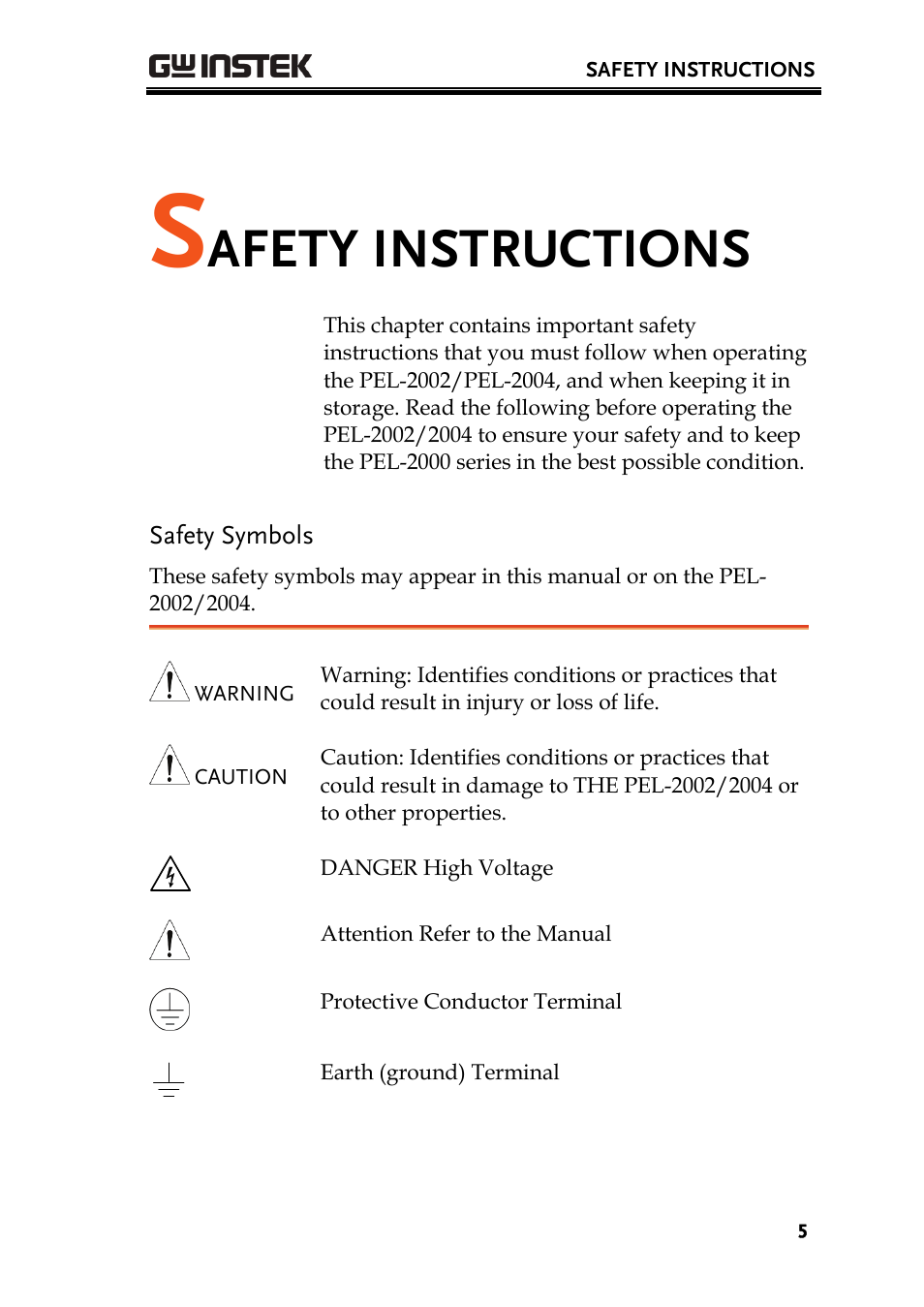Afety instructions | GW Instek PEL-2000 Series User Manual User Manual | Page 5 / 268
