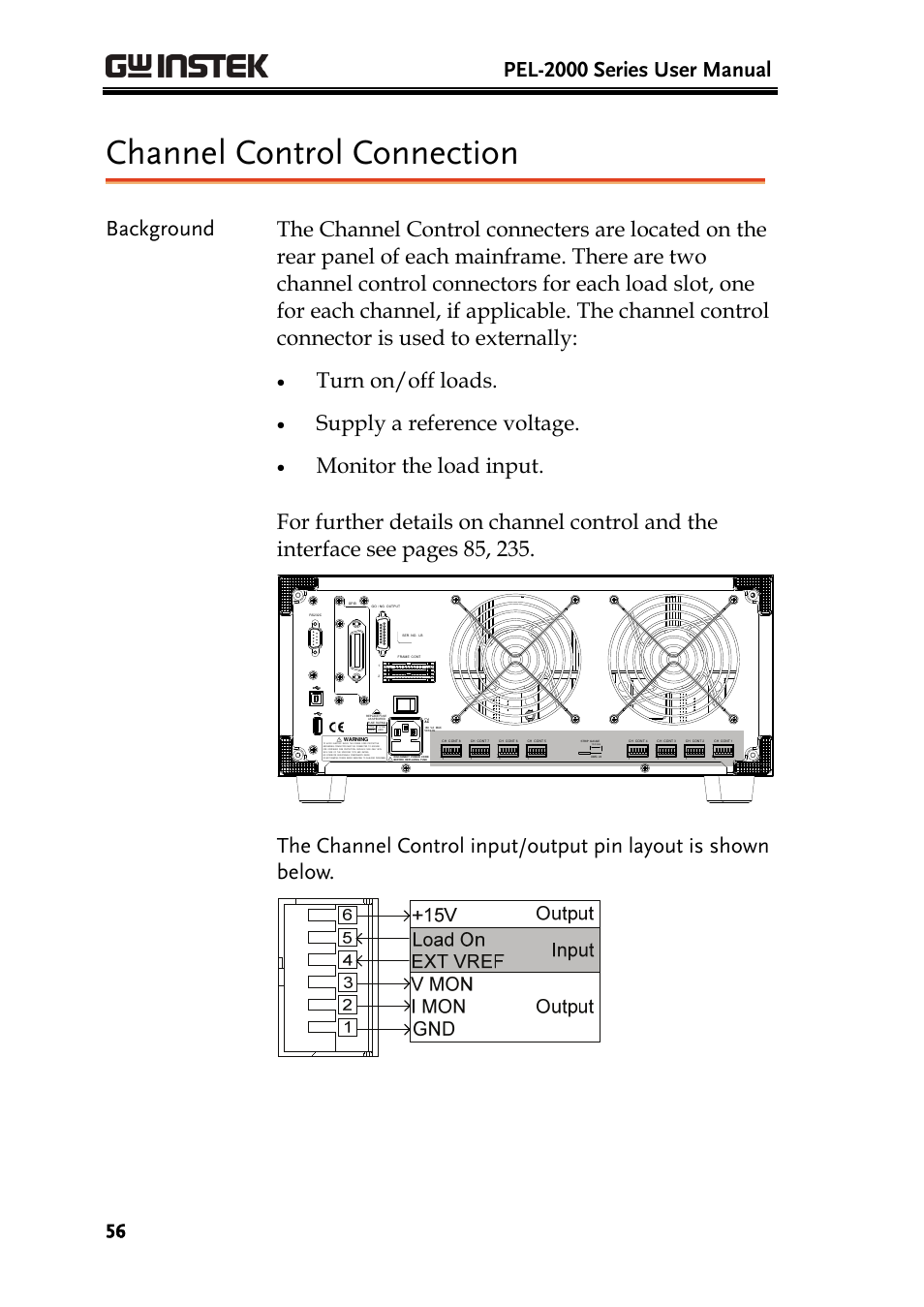 Channel control connection, Pel-2000 series user manual, Turn on/off loads | Supply a reference voltage | GW Instek PEL-2000 Series User Manual User Manual | Page 56 / 268