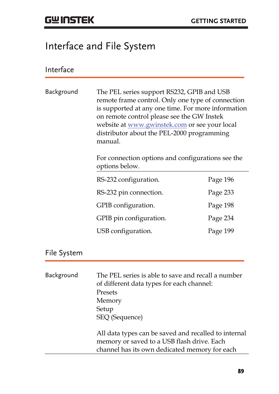 Interface and file system, Interface, File system | GW Instek PEL-2000 Series User Manual User Manual | Page 89 / 268