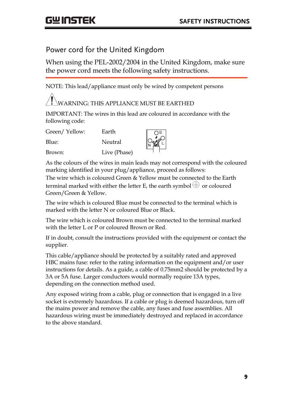 Power cord for the united kingdom | GW Instek PEL-2000 Series User Manual User Manual | Page 9 / 268