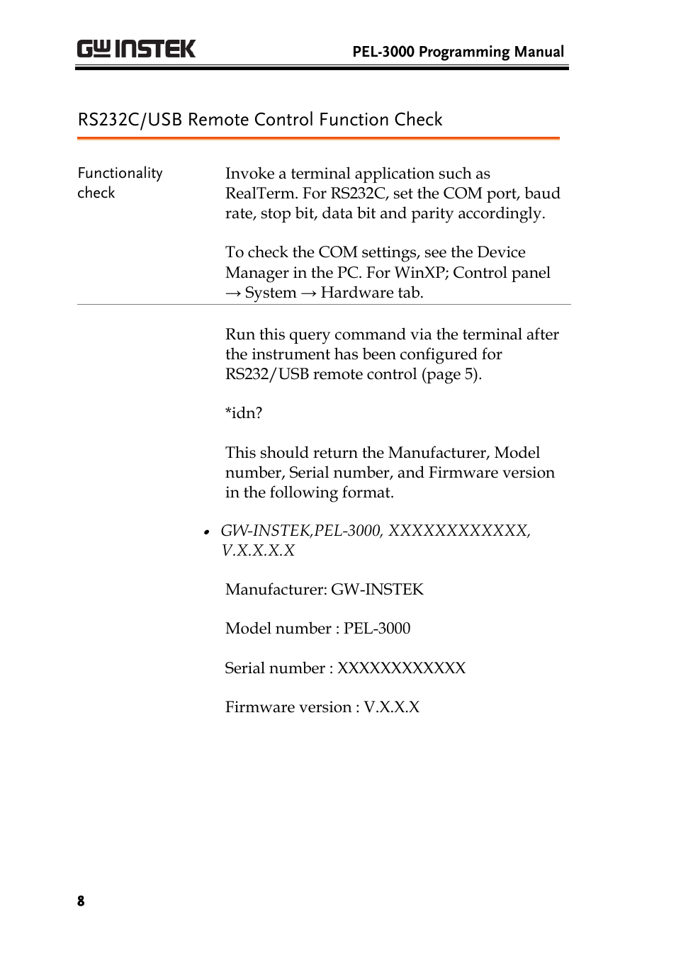 Rs232c/usb remote control function check | GW Instek PEL-3000 Series Programming Manual User Manual | Page 10 / 174