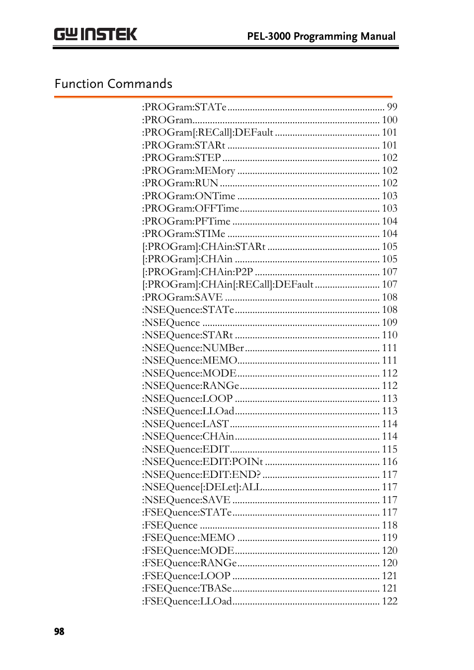 Function commands | GW Instek PEL-3000 Series Programming Manual User Manual | Page 100 / 174