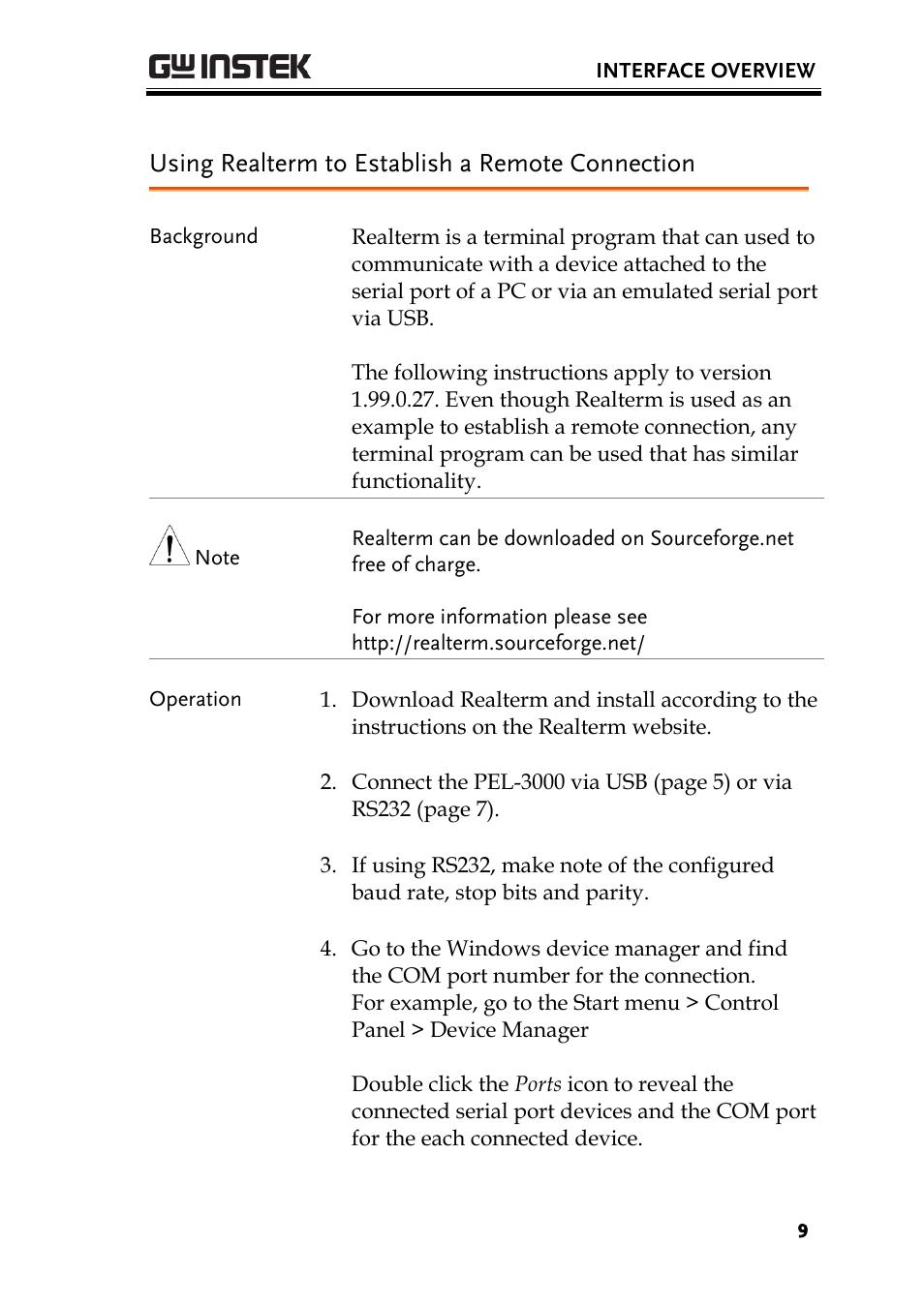 Using realterm to establish a remote connection | GW Instek PEL-3000 Series Programming Manual User Manual | Page 11 / 174