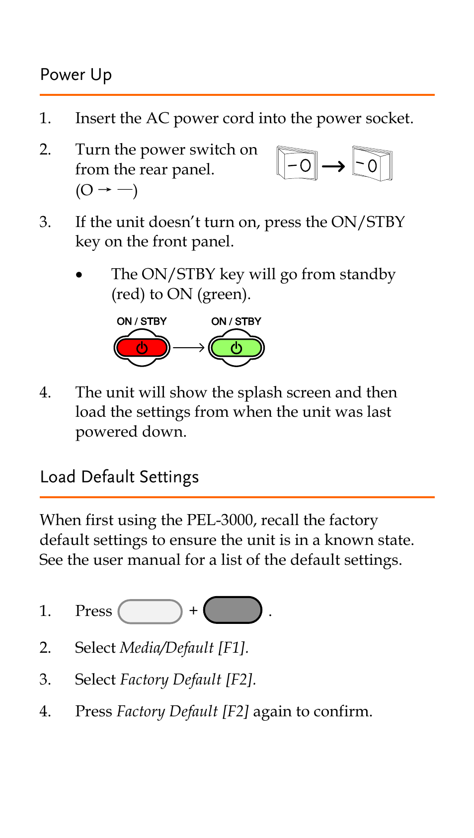 Power up, Load default settings | GW Instek PEL-3000 Series Quick Start Guide User Manual | Page 12 / 21