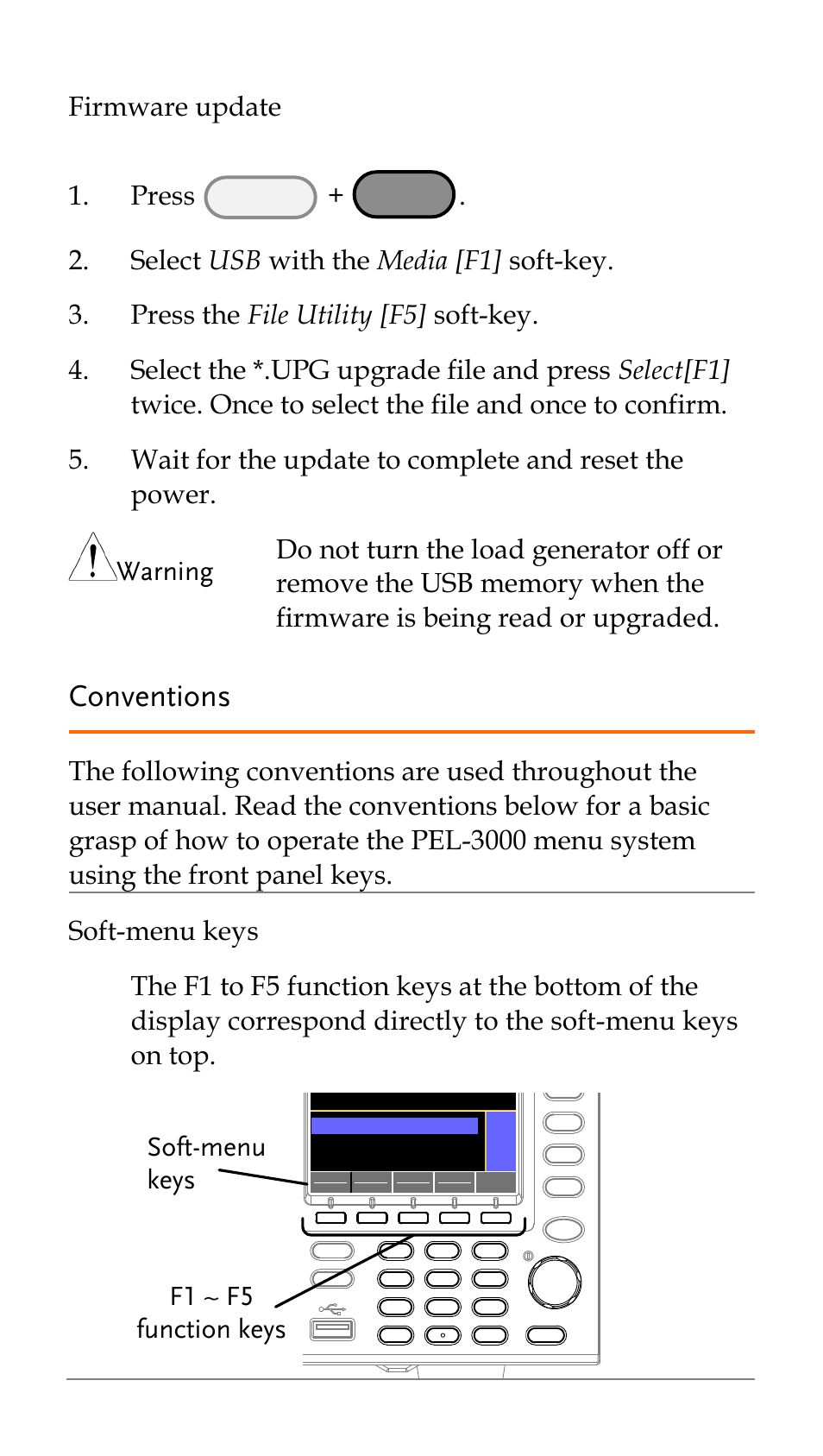 Conventions, Firmware update 1. press, F1 ~ f5 function keys soft-menu keys | Func, Shift | GW Instek PEL-3000 Series Quick Start Guide User Manual | Page 14 / 21