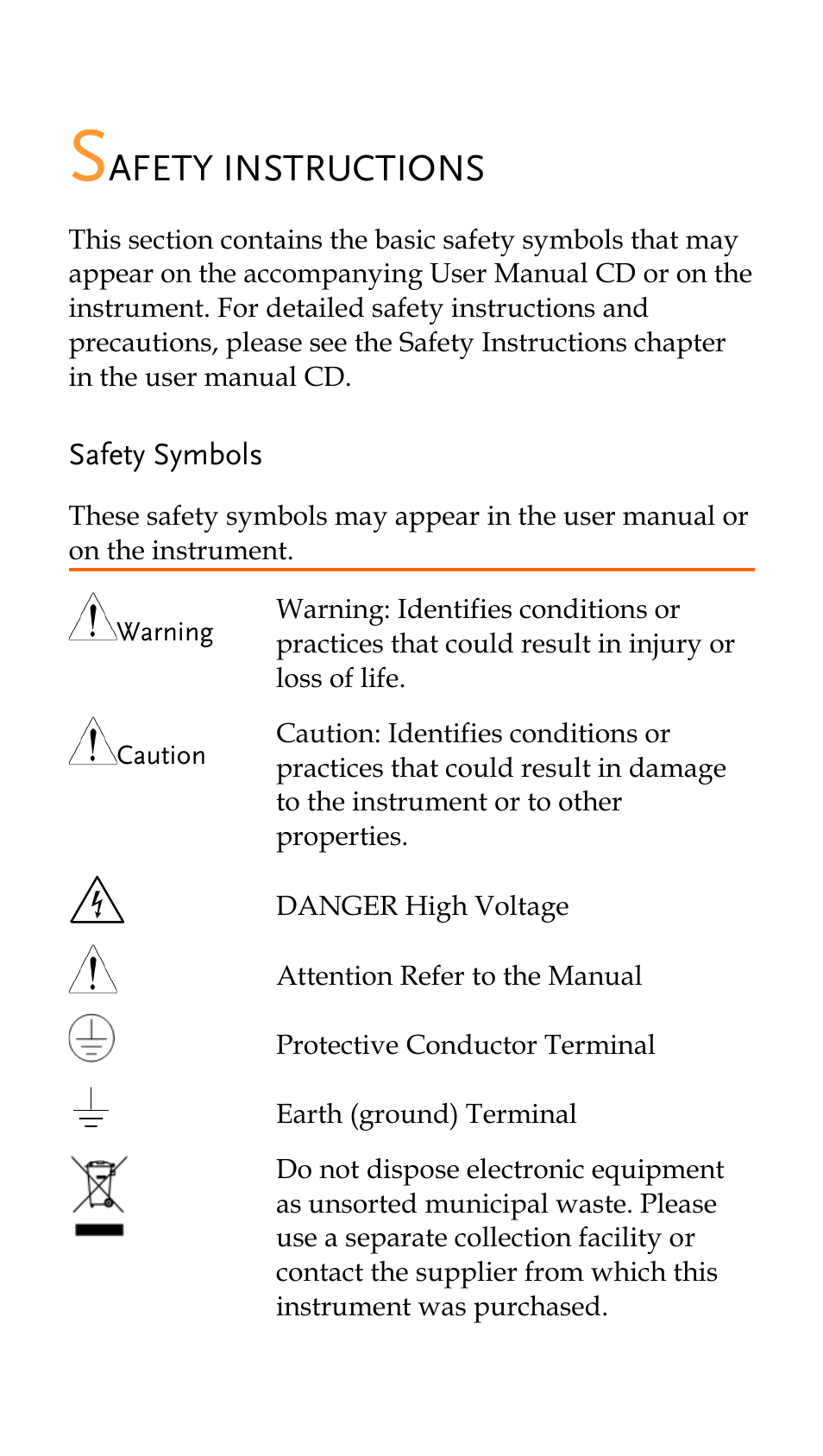 Safety instructions, Safety symbols, Afety instructions | GW Instek PEL-3000 Series Quick Start Guide User Manual | Page 3 / 21