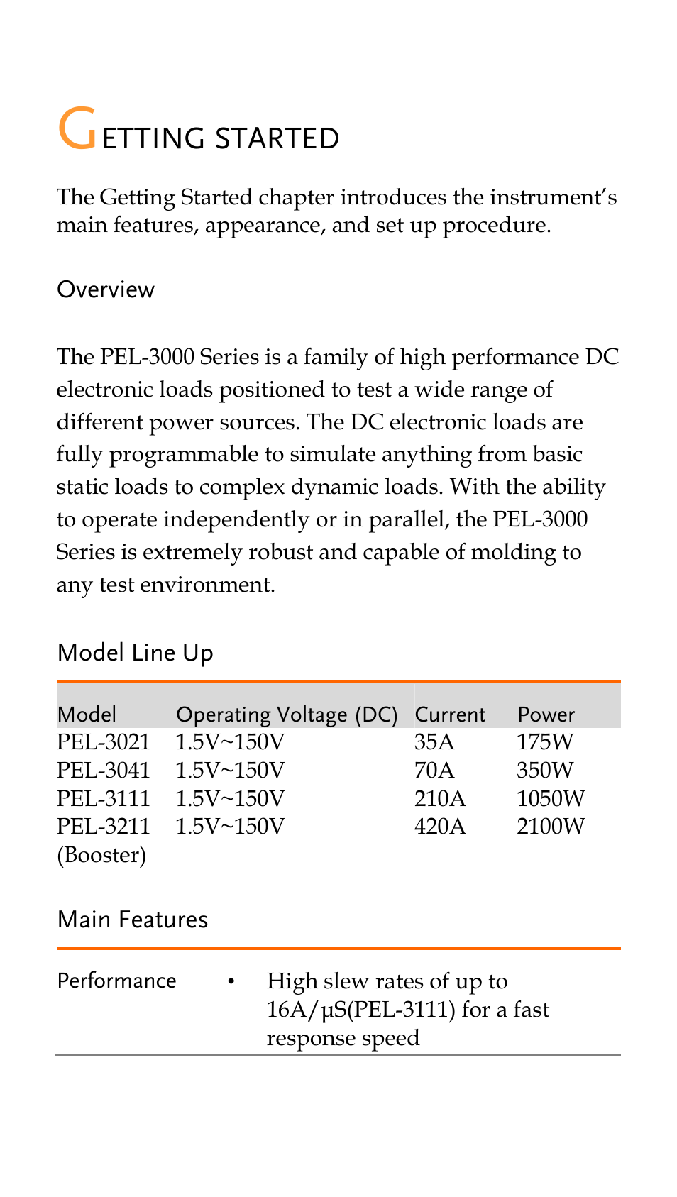 Getting started, Overview, Model line up | Main features, Etting started | GW Instek PEL-3000 Series Quick Start Guide User Manual | Page 5 / 21