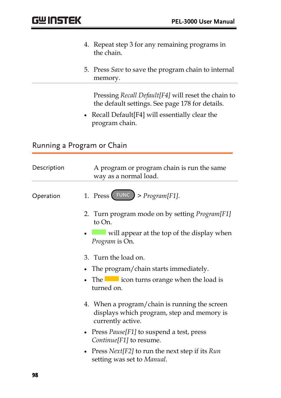 Running a program or chain | GW Instek PEL-3000 Series User Manual User Manual | Page 100 / 215