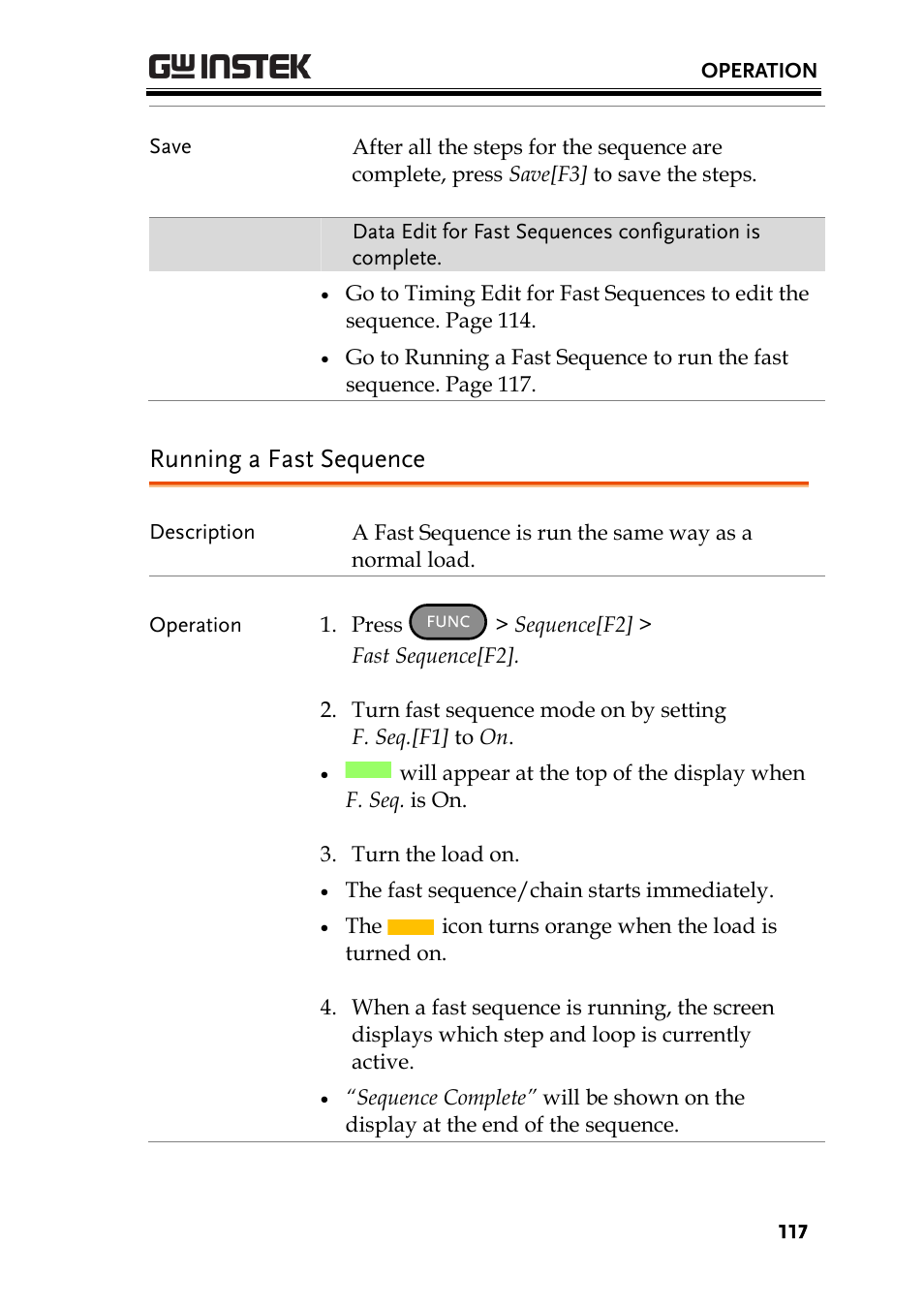 Running a fast sequence | GW Instek PEL-3000 Series User Manual User Manual | Page 119 / 215