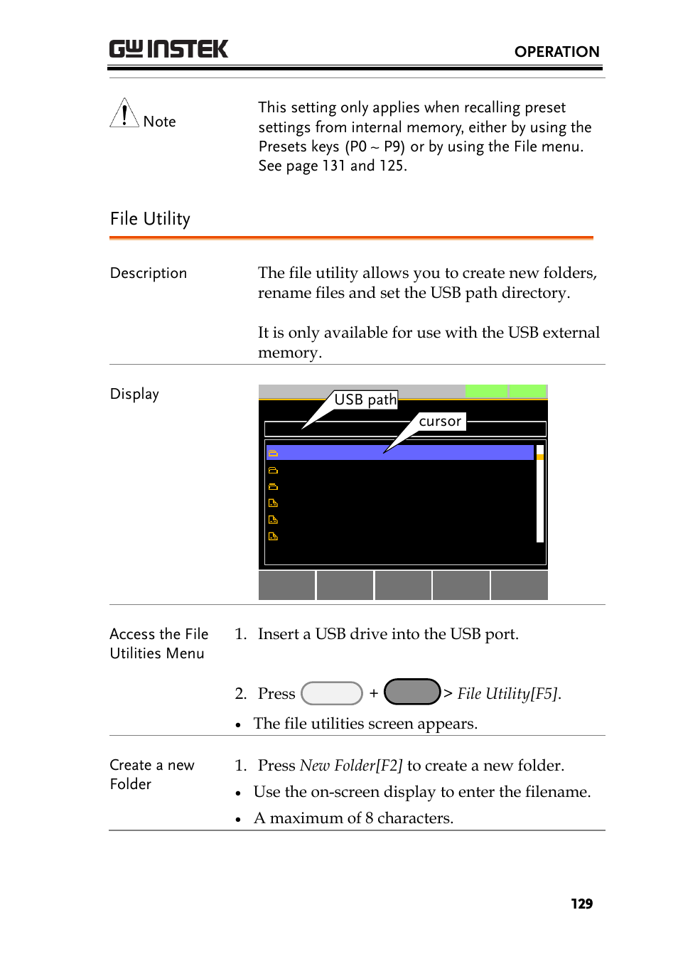 File utility, Operation, File utility[f5 | Use the on-screen display to enter the filename, A maximum of 8 characters | GW Instek PEL-3000 Series User Manual User Manual | Page 131 / 215