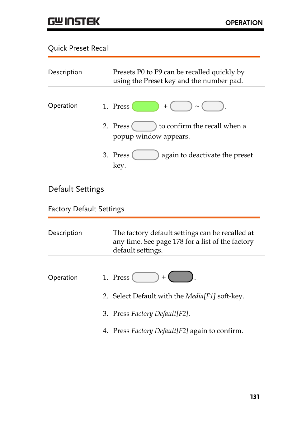 Default settings, Quick preset recall, Factory default settings | GW Instek PEL-3000 Series User Manual User Manual | Page 133 / 215