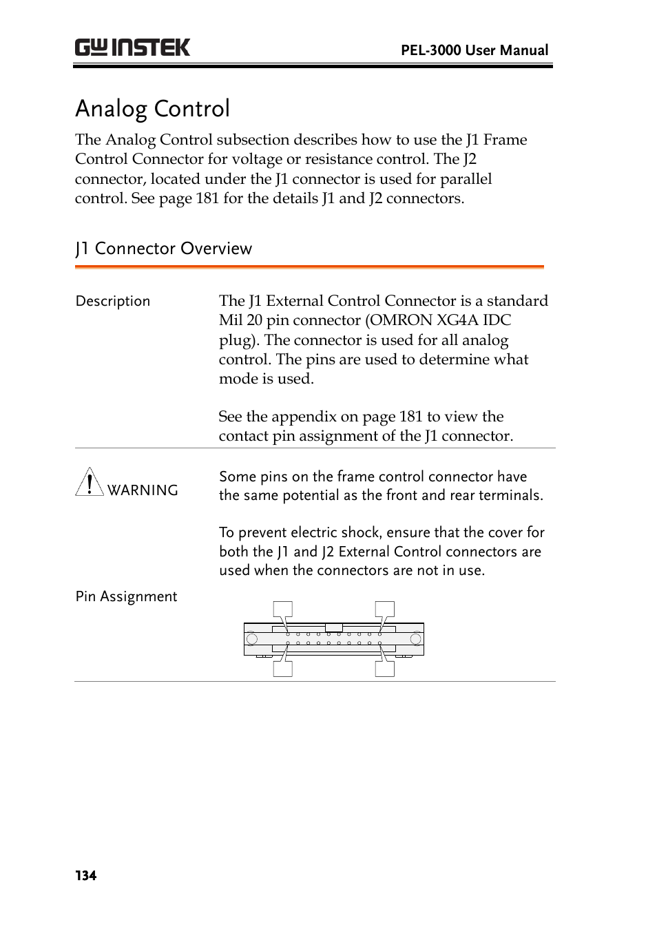 Analog control, J1 connector overview | GW Instek PEL-3000 Series User Manual User Manual | Page 136 / 215