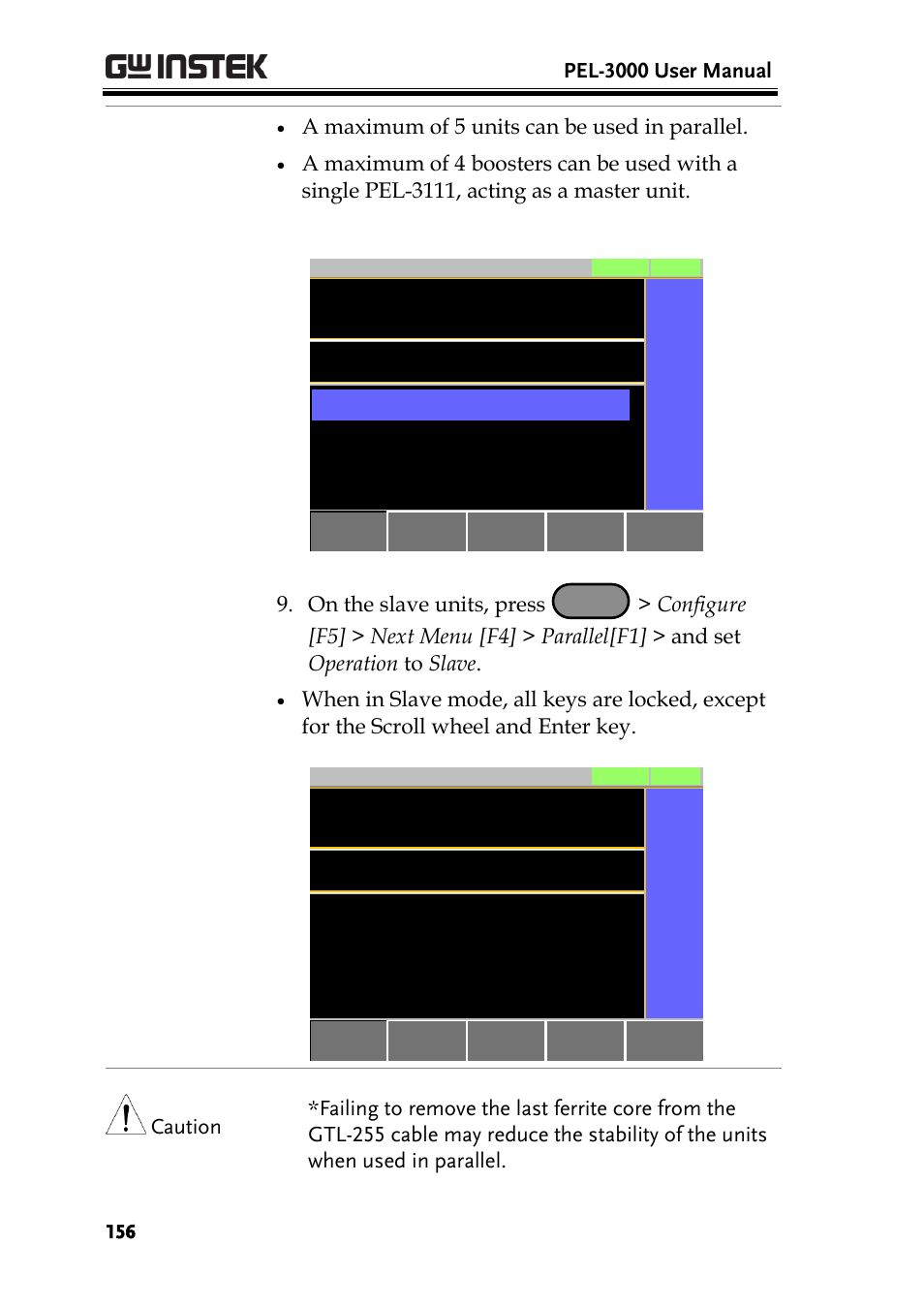 Booster off, Parallel operation 3 master, Configure | Parallel operation 3 slave | GW Instek PEL-3000 Series User Manual User Manual | Page 158 / 215