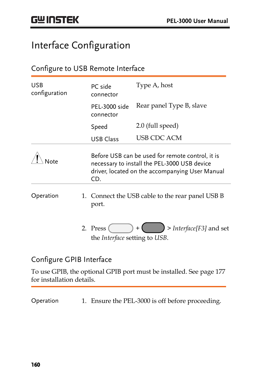 Interface configuration, Configure to usb remote interface, Configure gpib interface | GW Instek PEL-3000 Series User Manual User Manual | Page 162 / 215