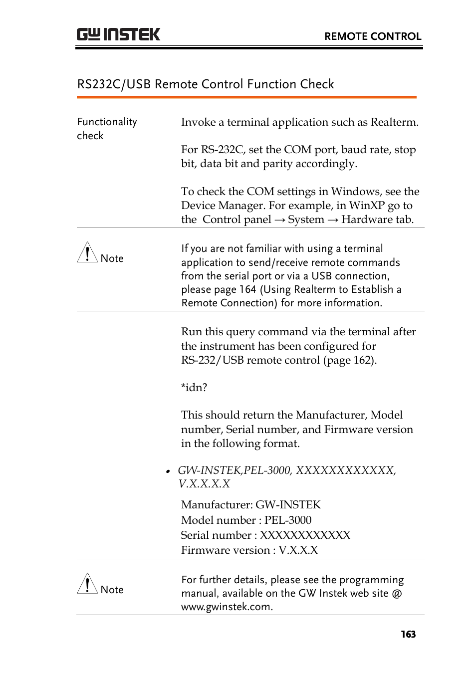 Rs232c/usb remote control function check | GW Instek PEL-3000 Series User Manual User Manual | Page 165 / 215