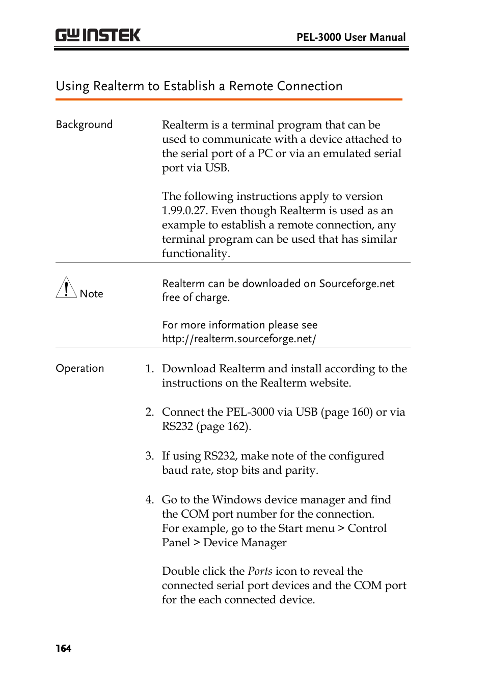 Using realterm to establish a remote connection | GW Instek PEL-3000 Series User Manual User Manual | Page 166 / 215
