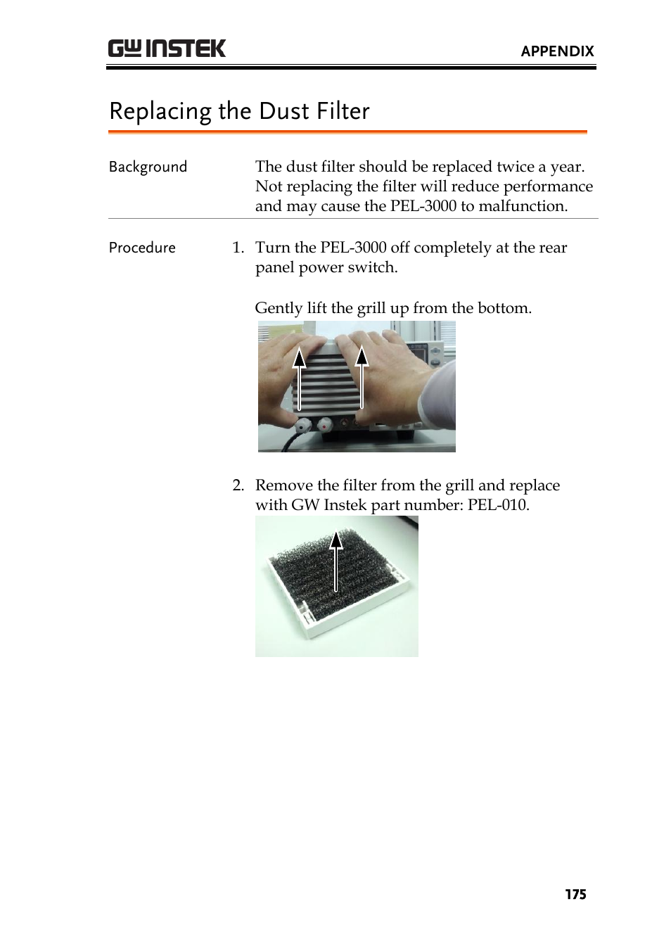 Replacing the dust filter | GW Instek PEL-3000 Series User Manual User Manual | Page 177 / 215