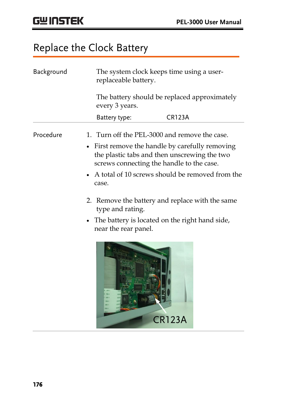 Replace the clock battery, Cr123a | GW Instek PEL-3000 Series User Manual User Manual | Page 178 / 215