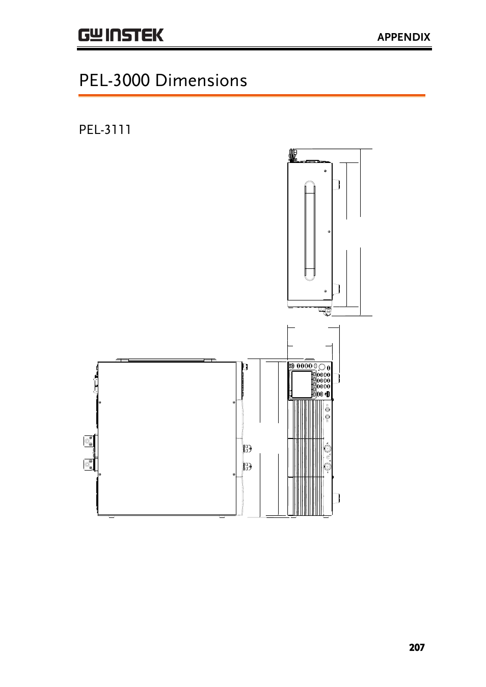 Pel-3000 dimensions, Pel-3111, Appendix | GW Instek PEL-3000 Series User Manual User Manual | Page 209 / 215