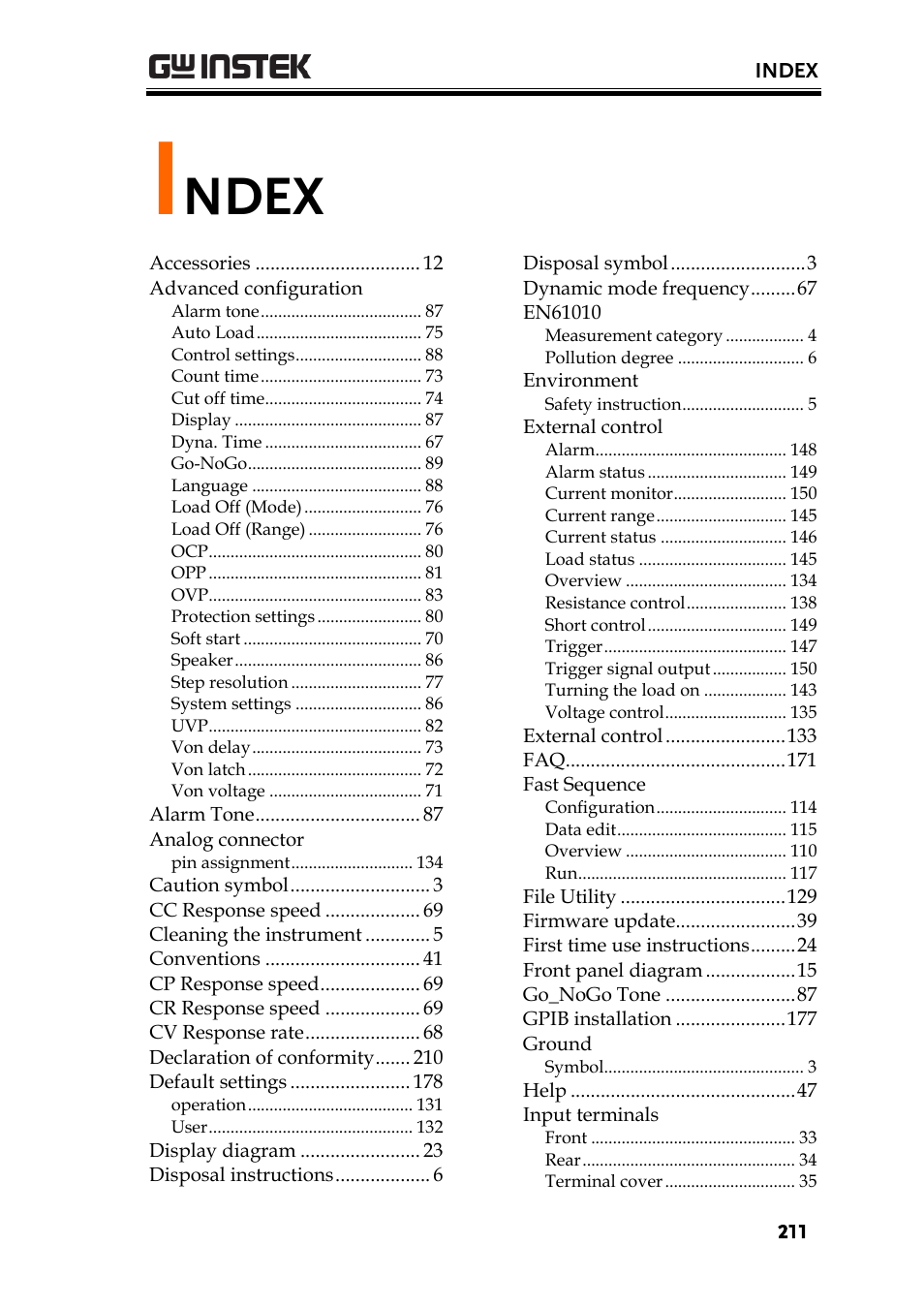 Ndex | GW Instek PEL-3000 Series User Manual User Manual | Page 213 / 215
